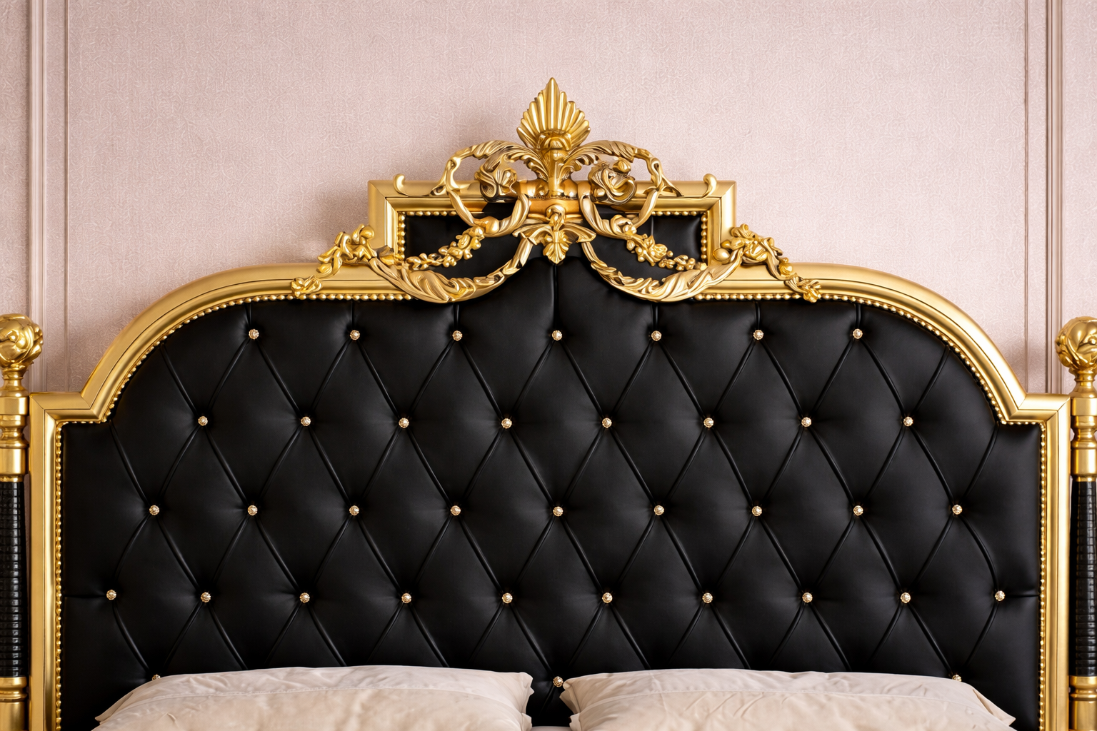 Diamond tufted upholstered headboard with gold button accents

