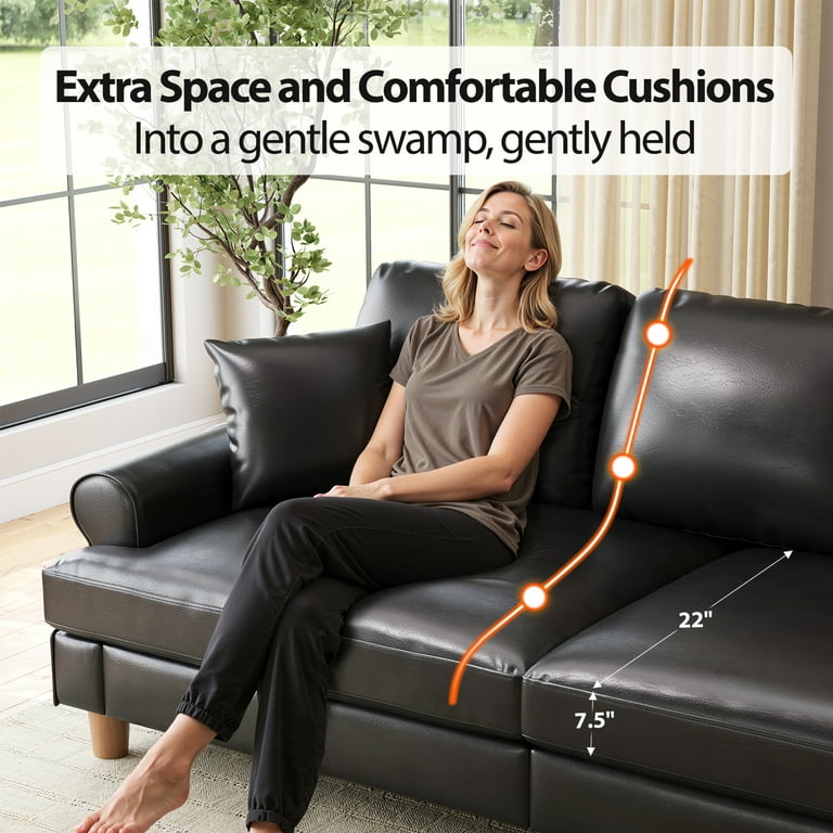Modern black leather 3-seater sofa