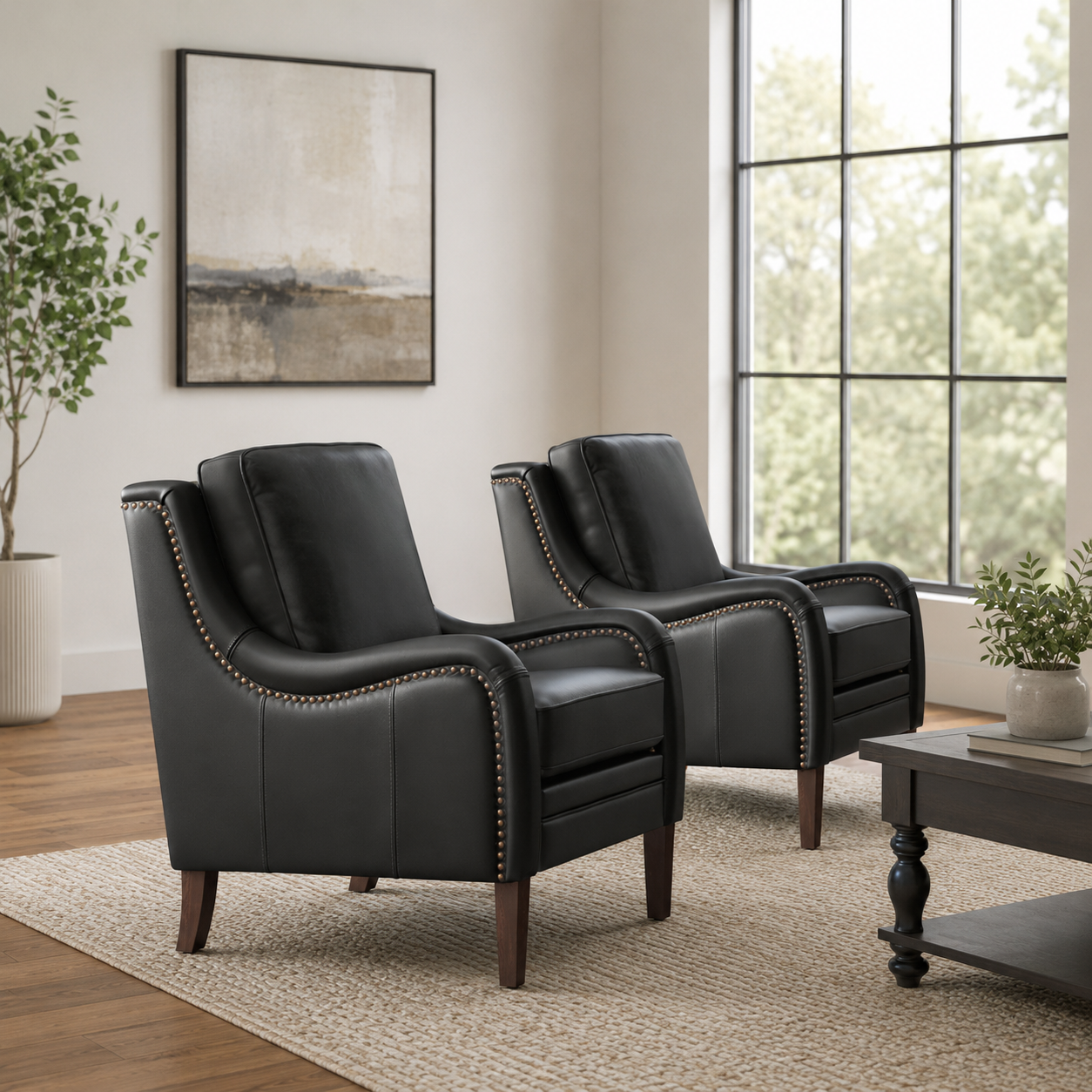 Luxury black teak wood accent chair with nailhead trim