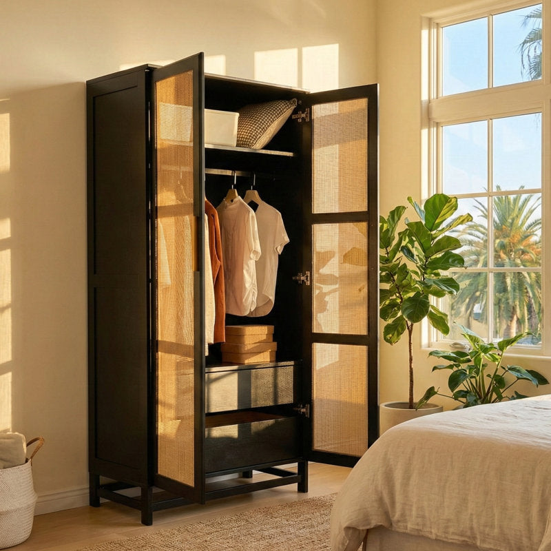 Solid teak wood cane storage cabinet for bedroom