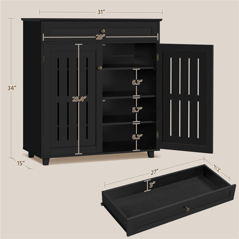 Teak wood shoe rack cabinet with ventilated slatted doors