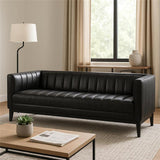 Modern black leather finish sofa on teak wood frame