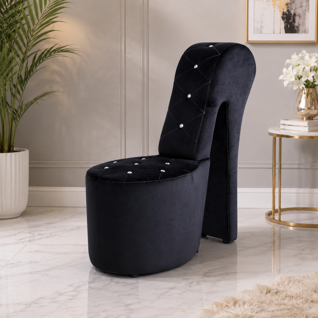 Black velvet high-back accent chair with diamond tufting
