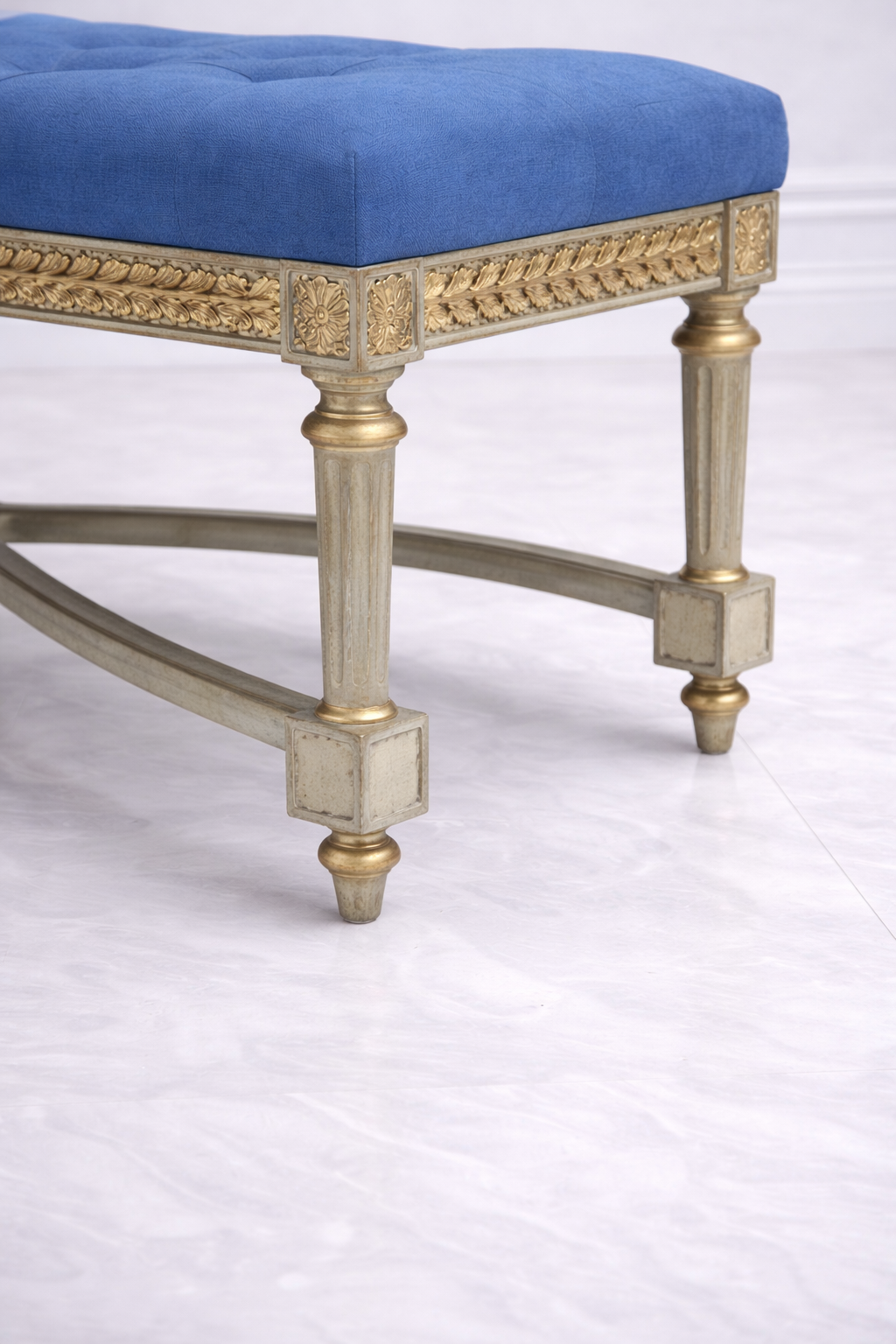 Elegant blue fabric seating bench for bedroom and living room
