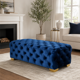 Blue velvet Chesterfield ottoman bench with deep button tufting