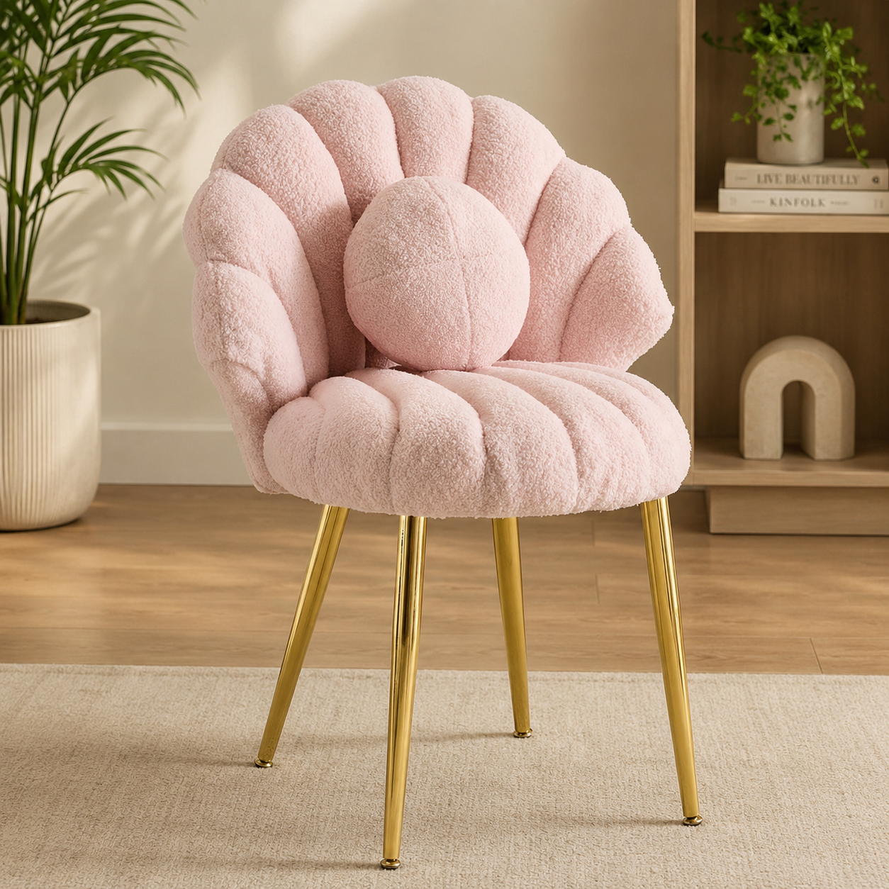 Pink plush boucle accent chair with gold legs