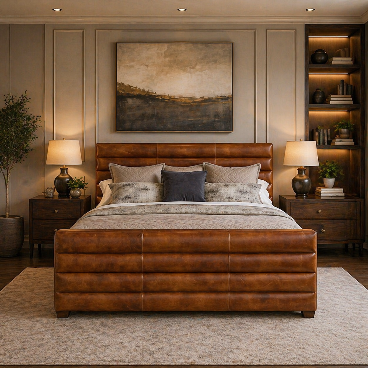 Brown leather upholstered bed frame with padded headboard