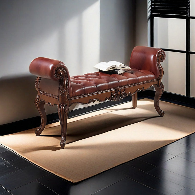Handcrafted teak wood tufted leather bench