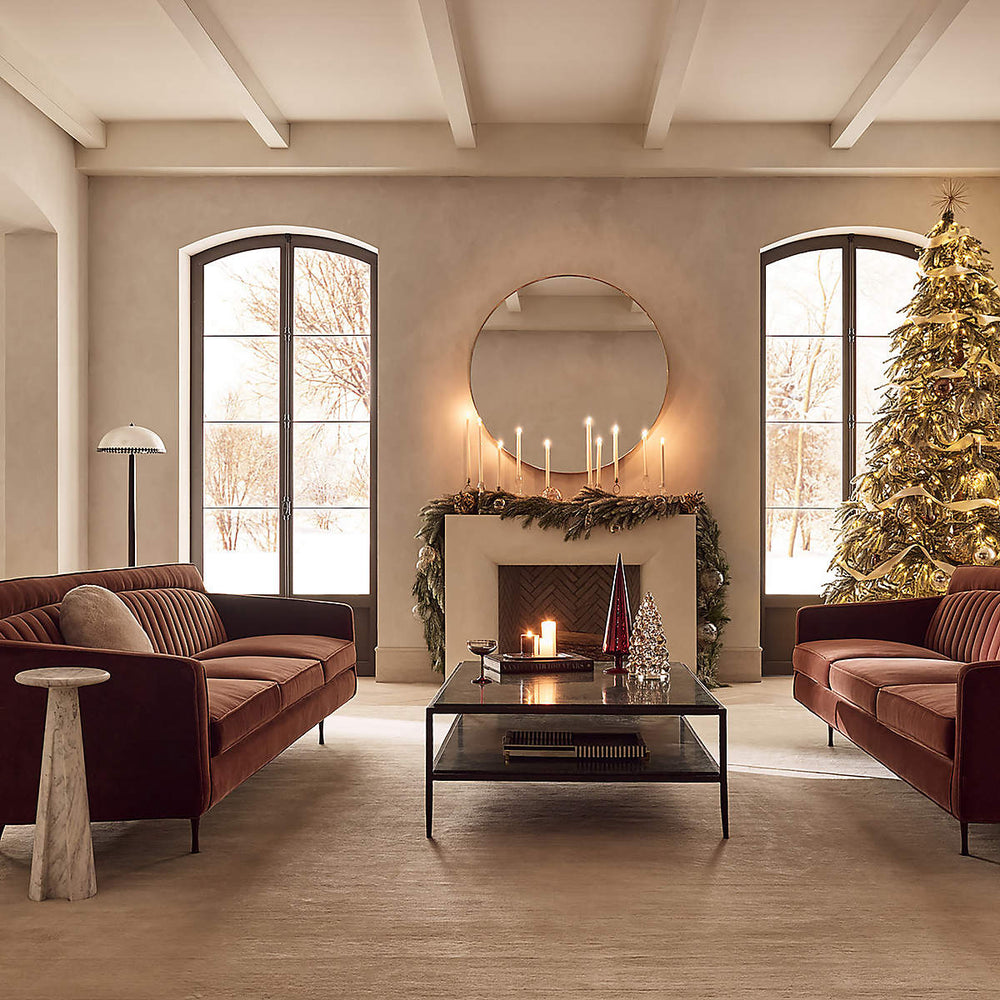 Modern teak wood sofa with channel tufted velvet upholstery