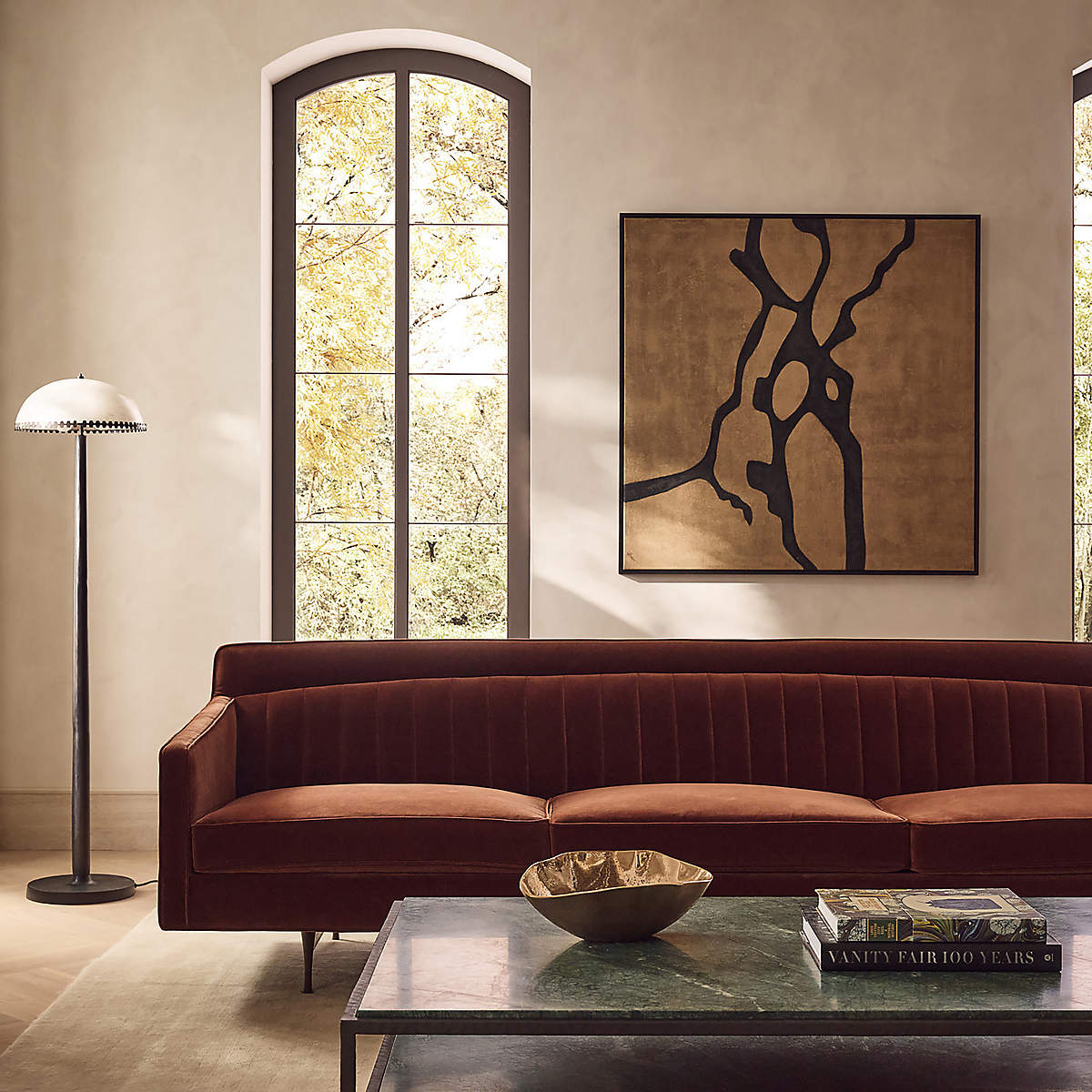 Handcrafted teak wood sofa with velvet upholstery