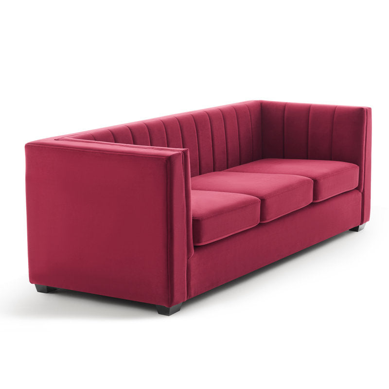 Contemporary teak wood sofa with plush velvet upholstery