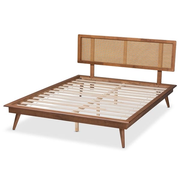 Solid teak wood bed with woven cane design