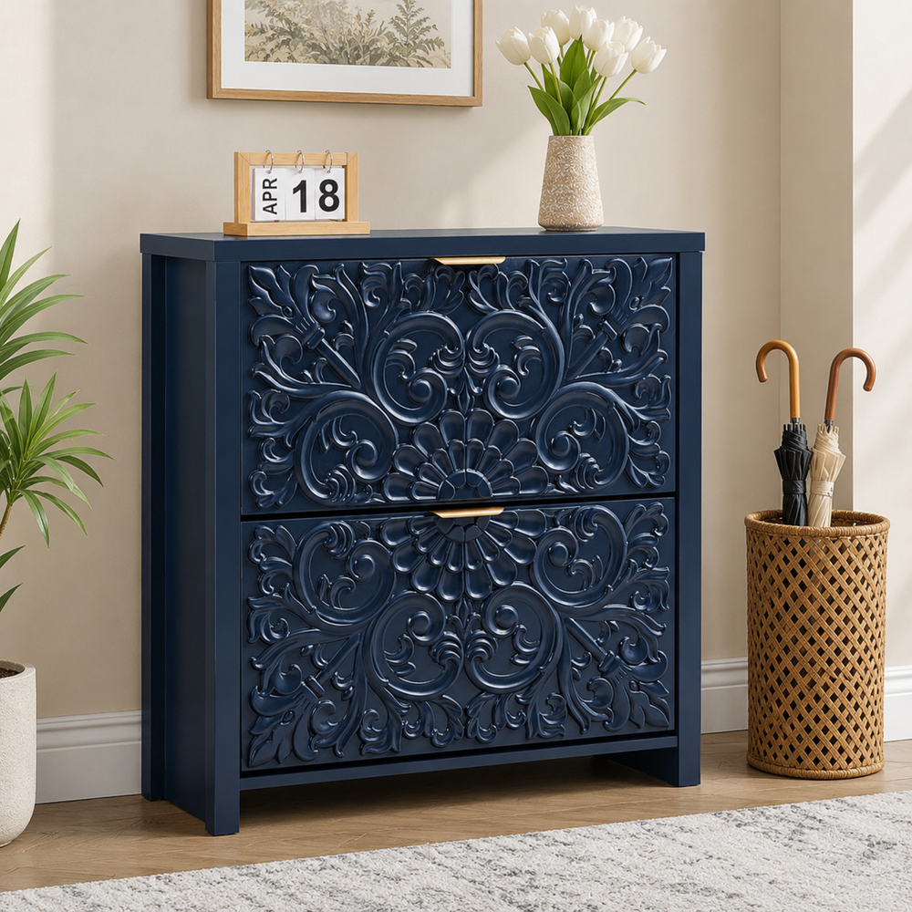Navy blue teak wood carved 2-drawer storage chest