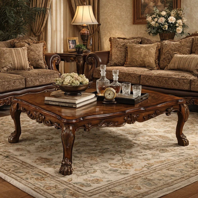 Handcrafted teak wood center table with carved legs