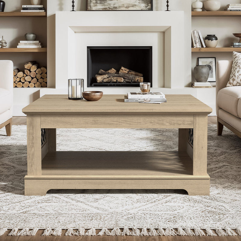 Decorative wooden coffee table with carved side design