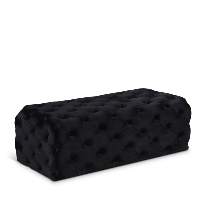 Chesterfield style black velvet ottoman bench handcrafted from teak wood