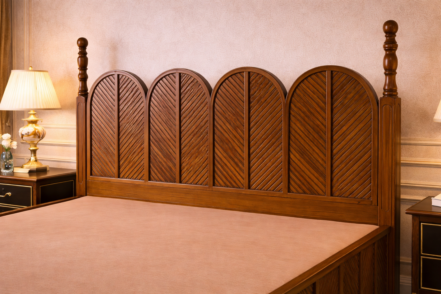 Solid wood arched panel headboard detail with premium walnut polish
