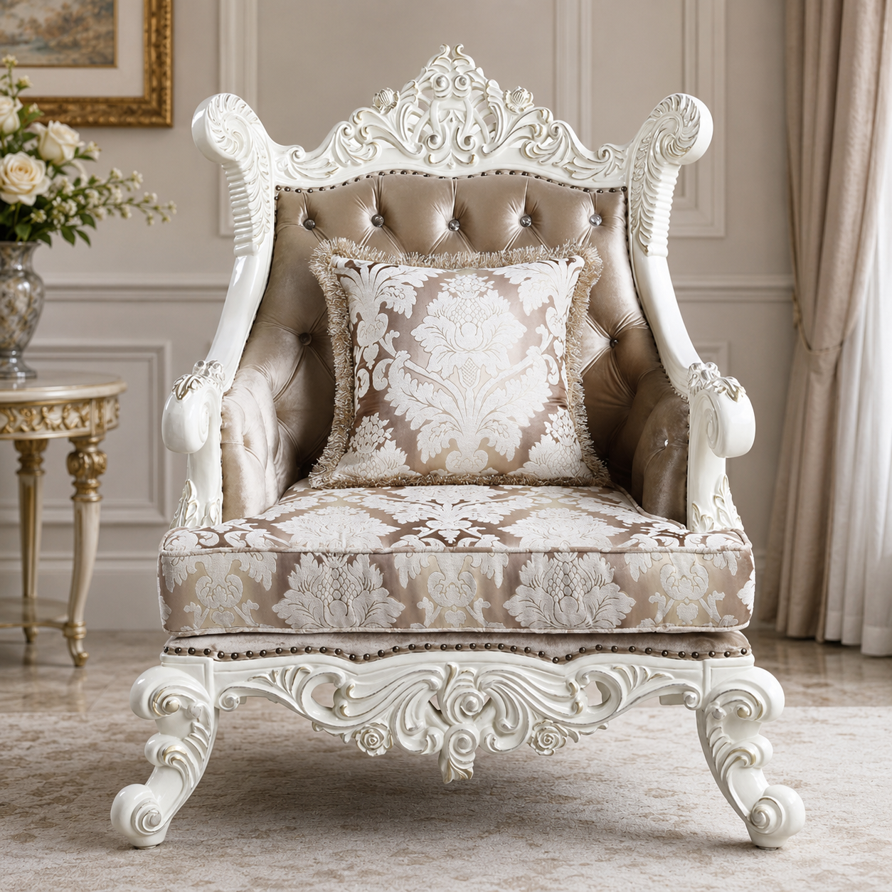 Luxury Royal Teak Wood Accent Chair with White Antique Finish