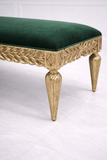 Classic carved wooden bench with green upholstered seat for hallway décor
