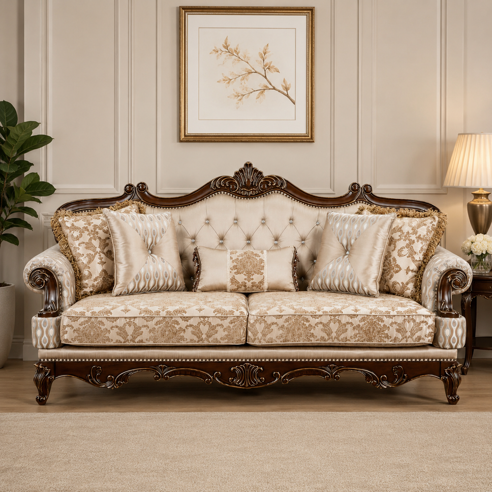Luxury royal teak wood 3 seater sofa with tufted upholstery