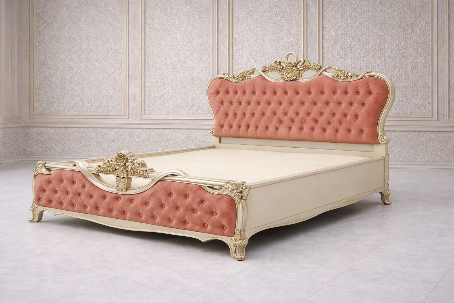 Premium royal pink velvet upholstered bed frame with elegant tufted headboard and luxury bedroom interior design.
