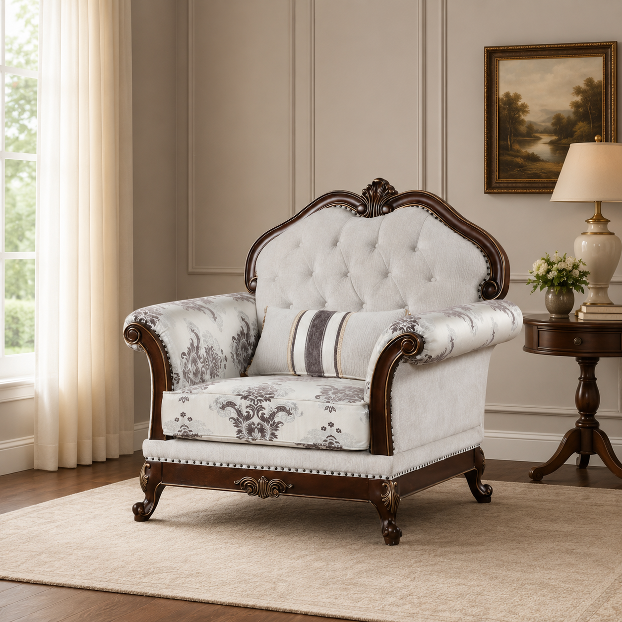Luxury teak wood upholstered royal armchair for living room