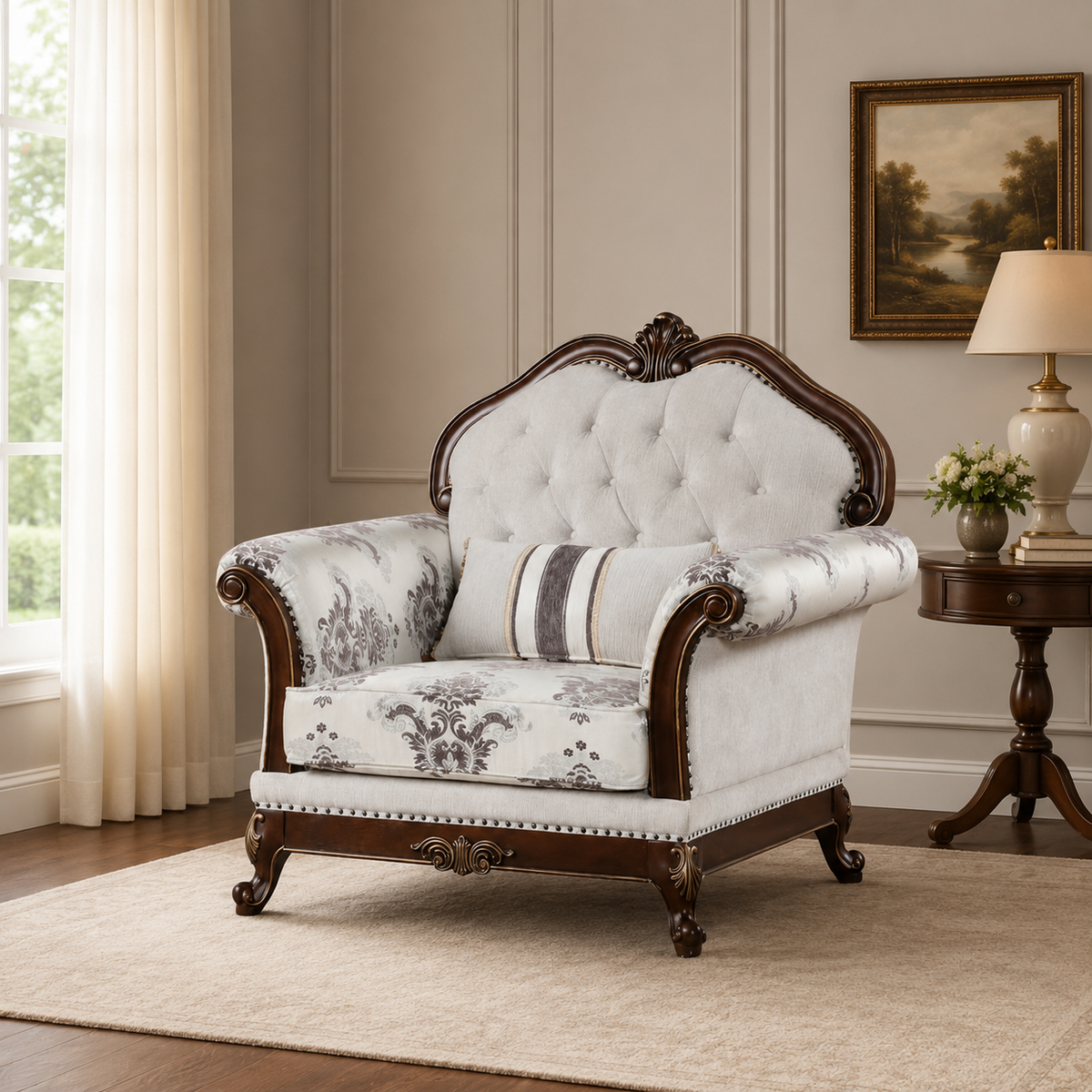 Luxury teak wood upholstered royal armchair for living room