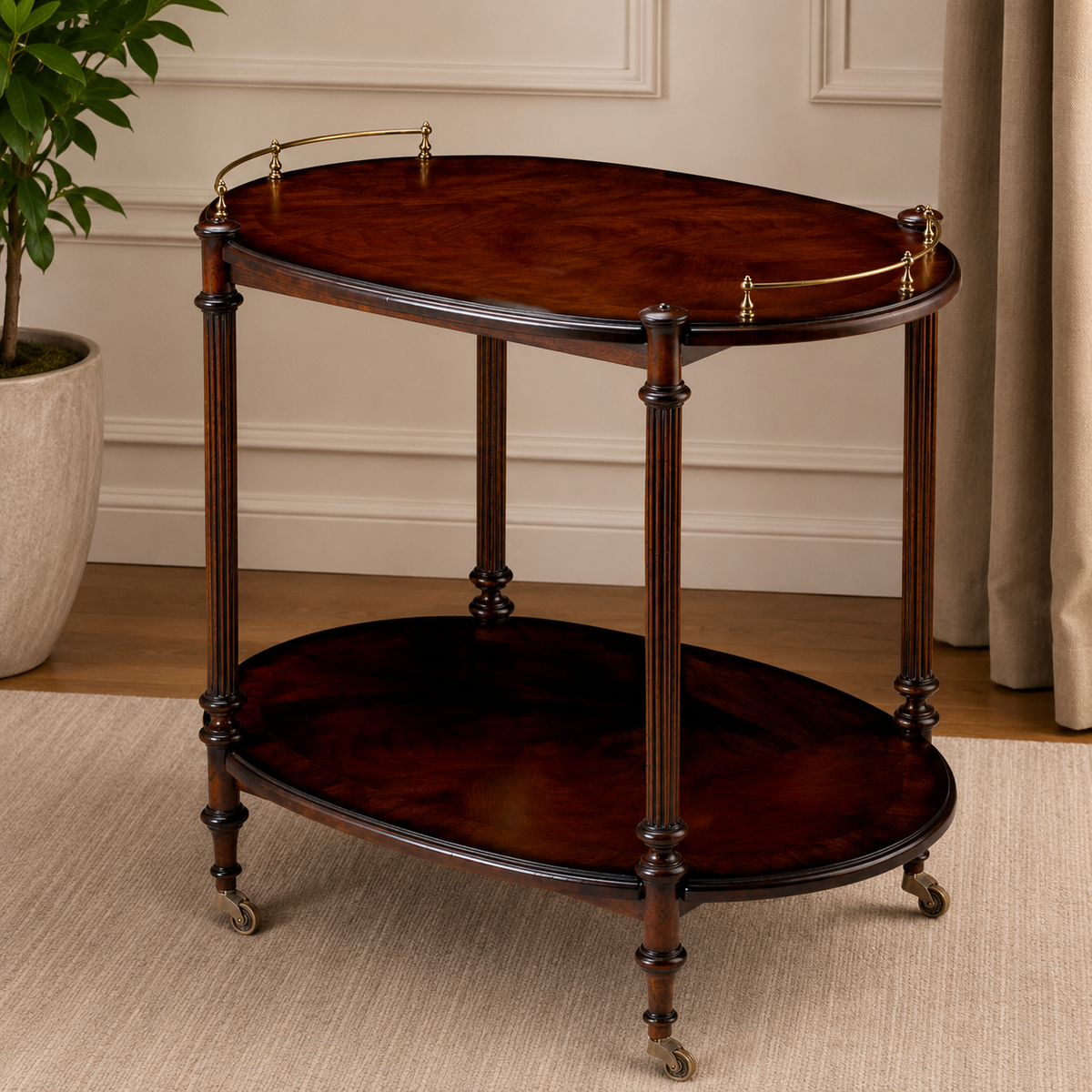 Classic oval teak wood serving trolley with brass rail and caster wheels