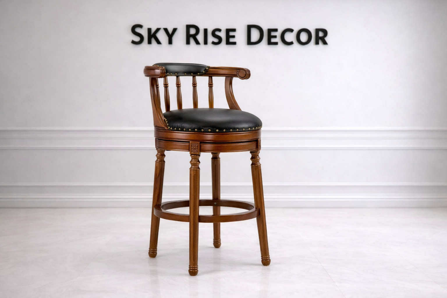Teak wood bar chair with arms and swivel function made from solid teak wood for kitchen counter and home bar seating

