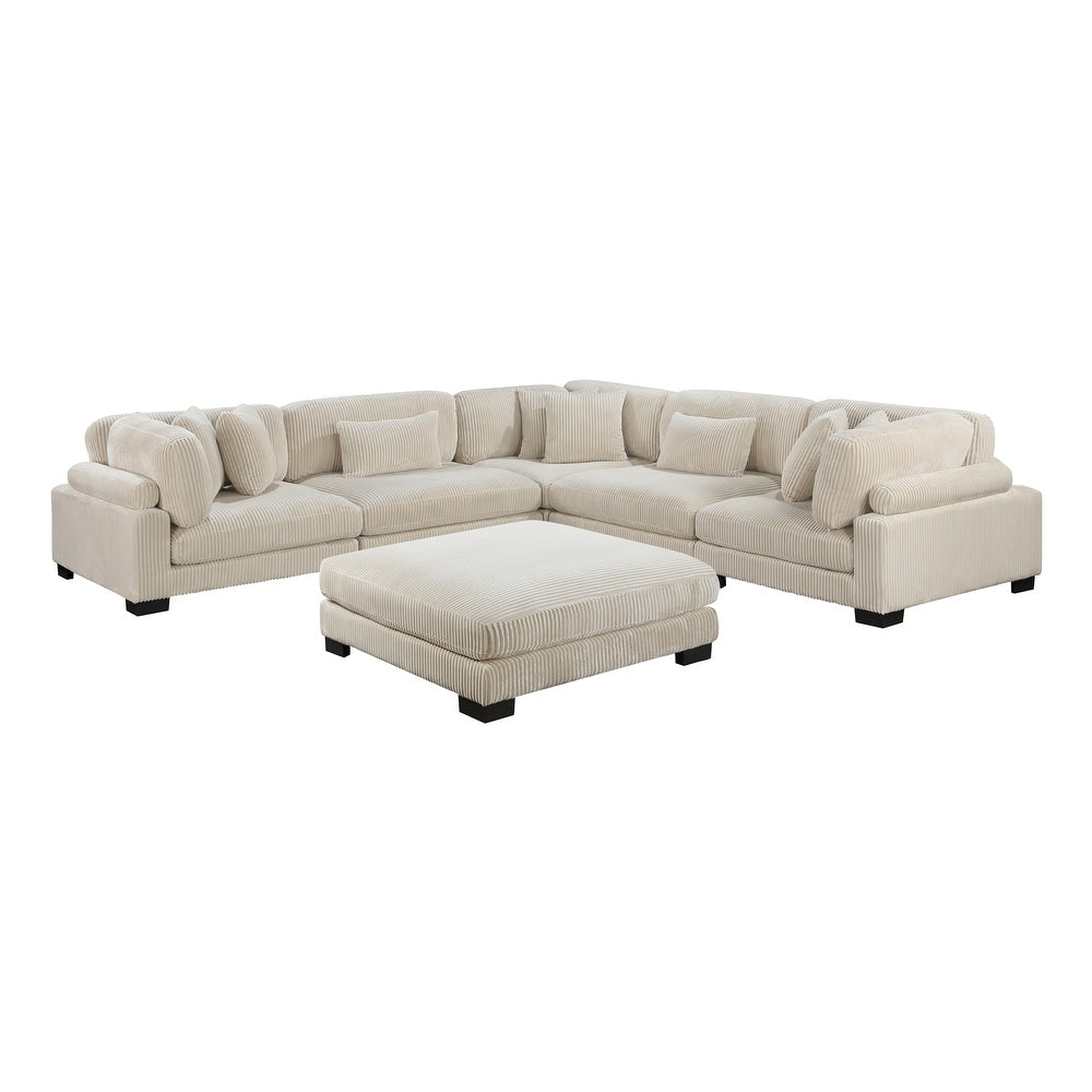 Cream fabric sectional sofa with teak wood frame