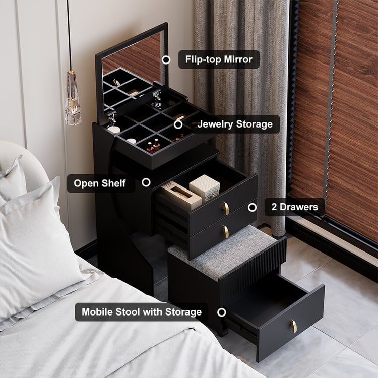 Compact modern vanity table with mirror and stool