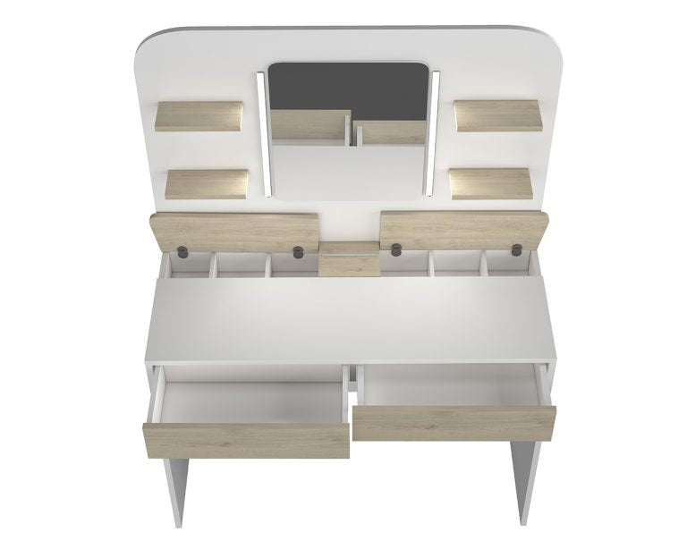 vanity desk with cushioned stool and mirror