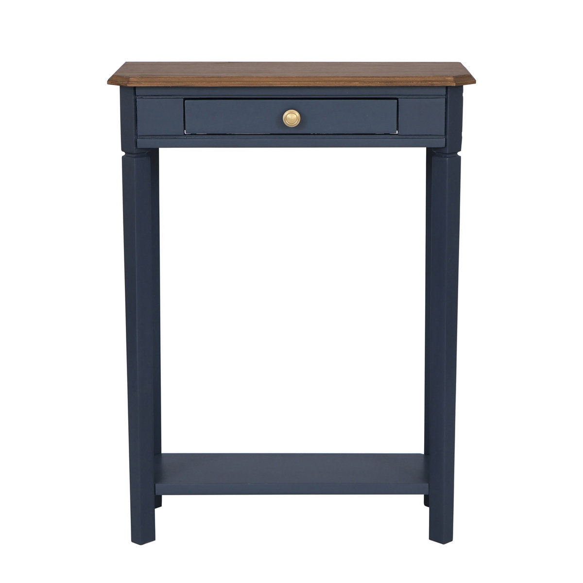 Modern blue console table with teak wood top