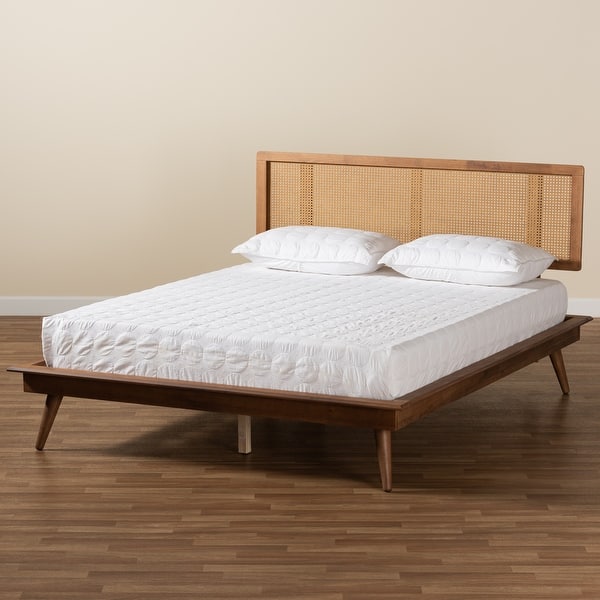 Elegant cane headboard teak wood bed frame