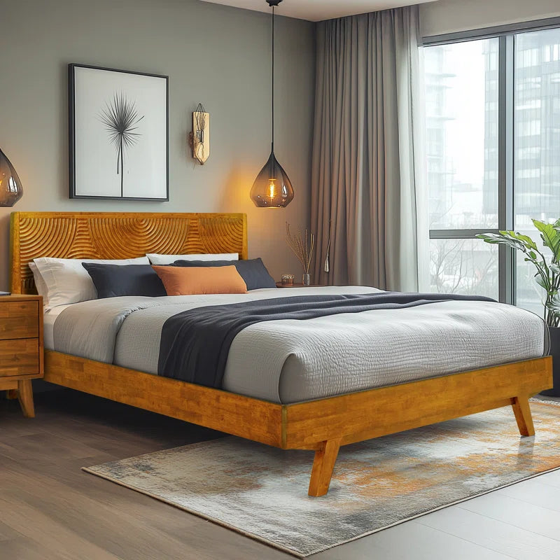 Stylish wooden bed frame with grey bedding