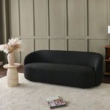 Luxury black bouclé curved sofa with teak wood base