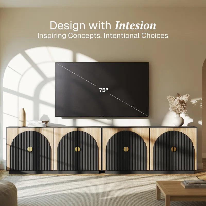 Modern wooden buffet cabinet with black fluted detailing