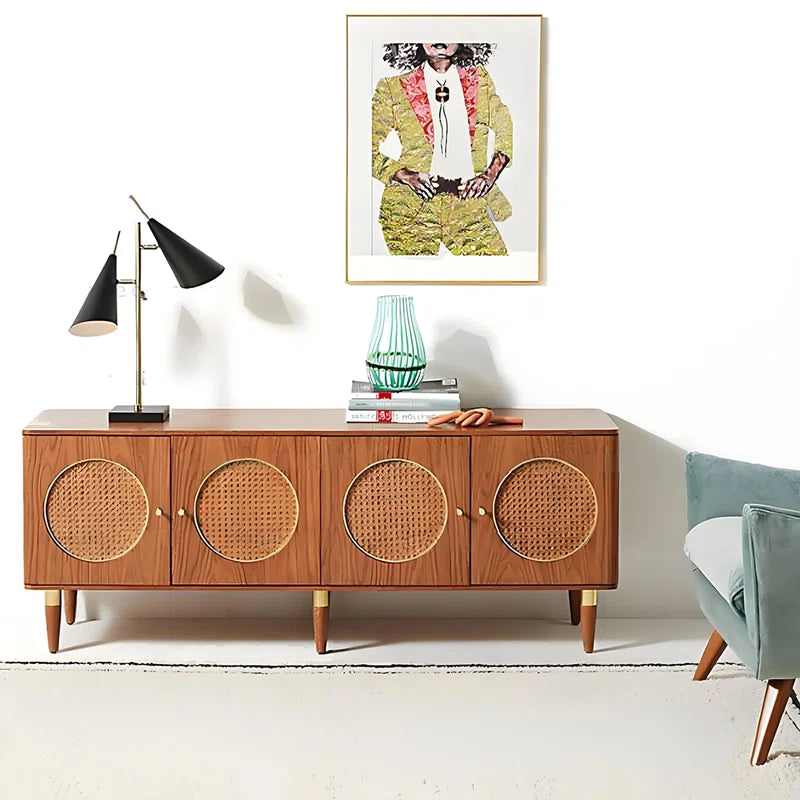 Mid century buffet cabinet with woven rattan doors