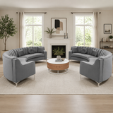 Luxury curved teak wood sofa set in grey upholstery