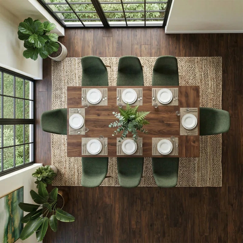 solid wood dining table with upholstered chairs