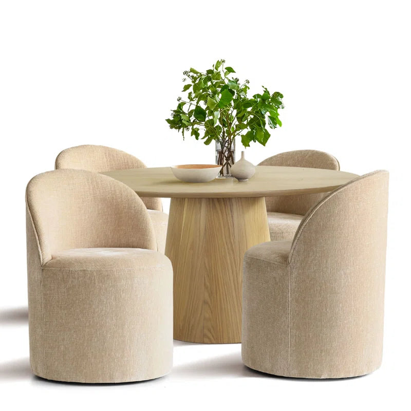 minimalist wooden dining table with beige chairs