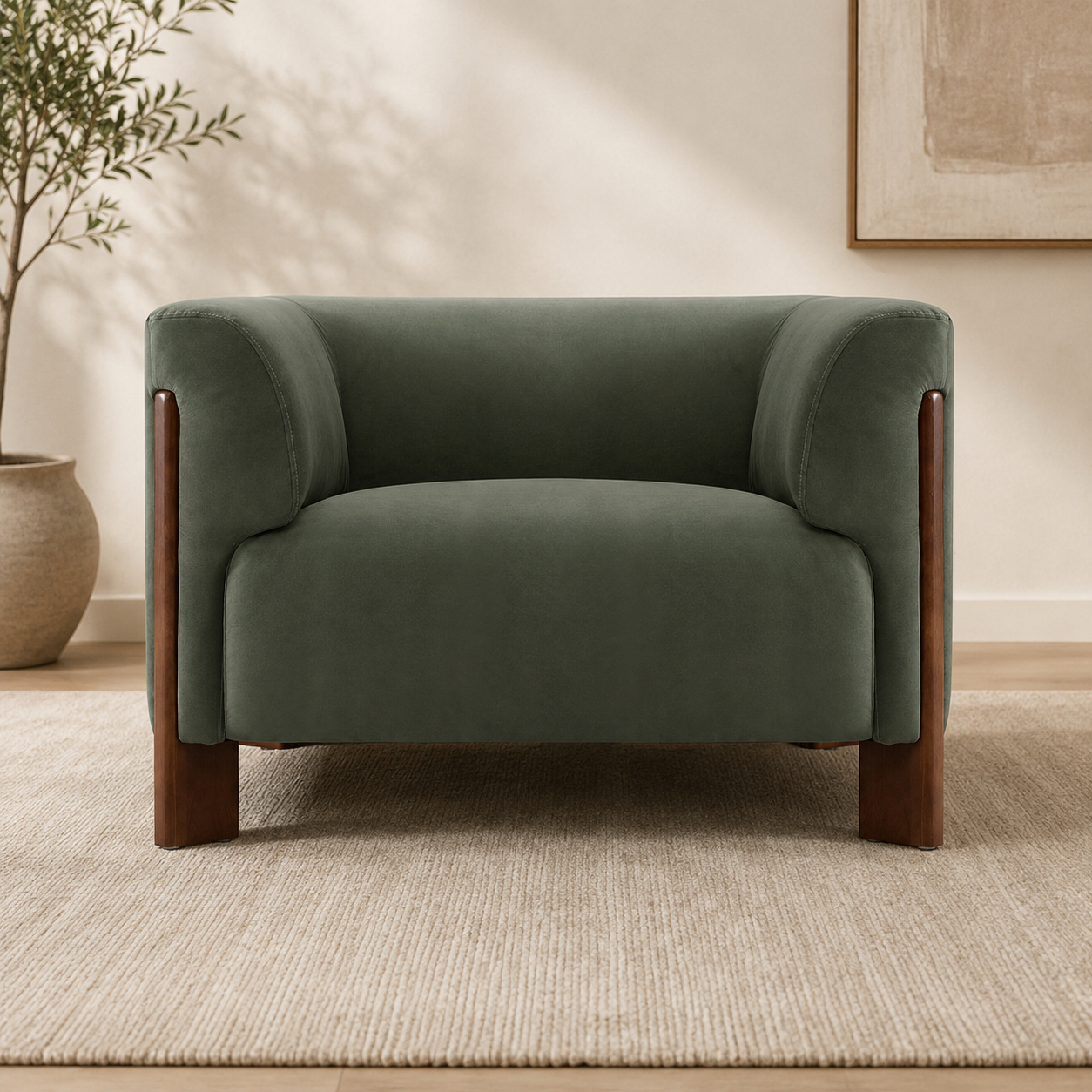 Modern olive green teak wood lounge chair
