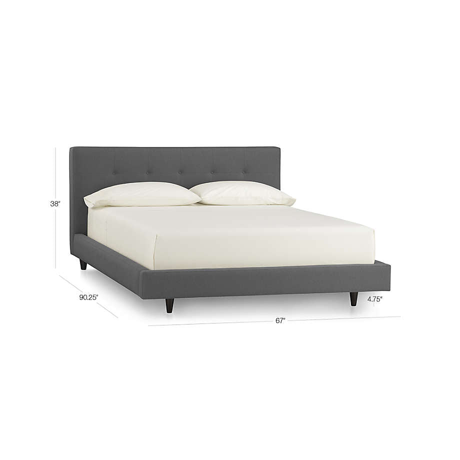 Premium teak wood platform bed with grey fabric upholstery