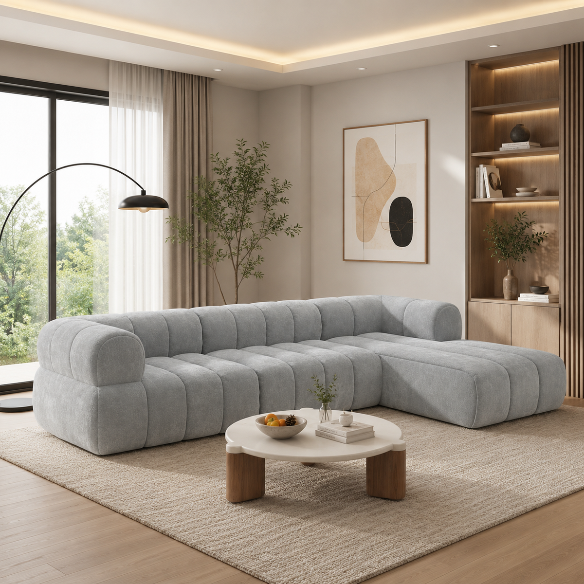 Modern grey L shape sectional sofa with teak wood frame