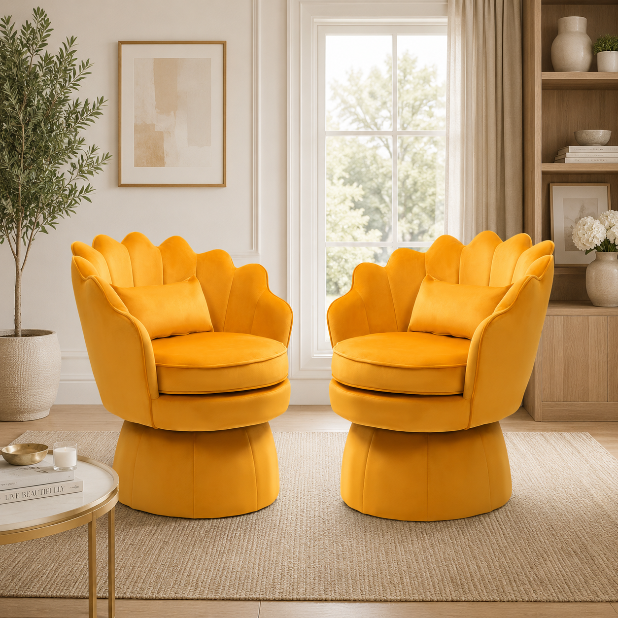 Luxury yellow velvet swivel accent chair set for modern living room