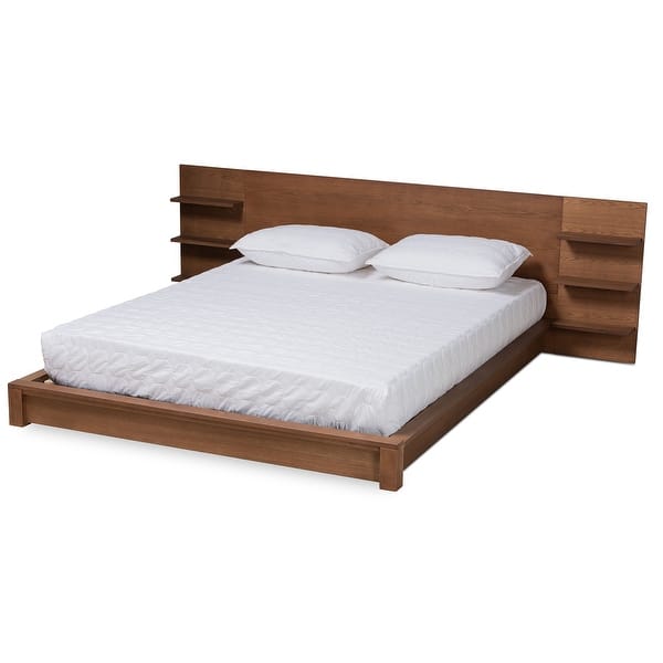 Modern wooden bed with storage shelves