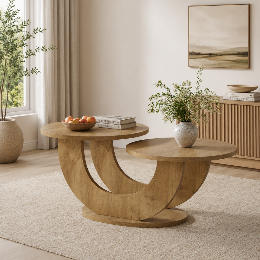 Modern teak wood nesting coffee table set in living room