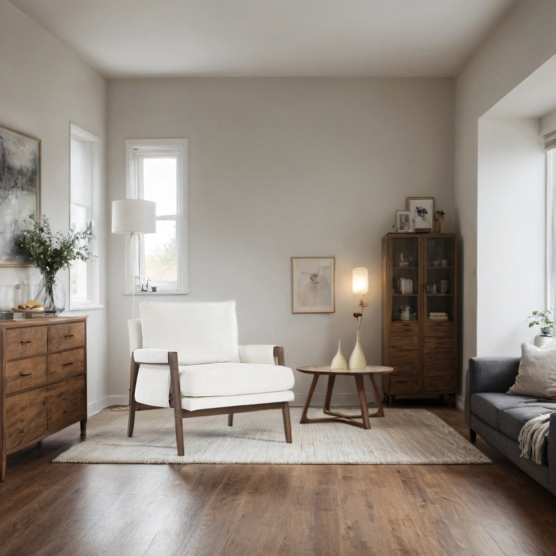 minimalist ivory lounge chair with teak wood frame