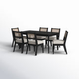 Modern black teak wood dining set with upholstered seating