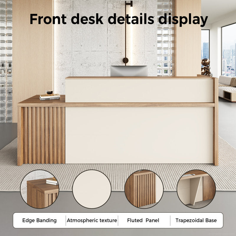 Minimalist office reception desk with fluted wood design
